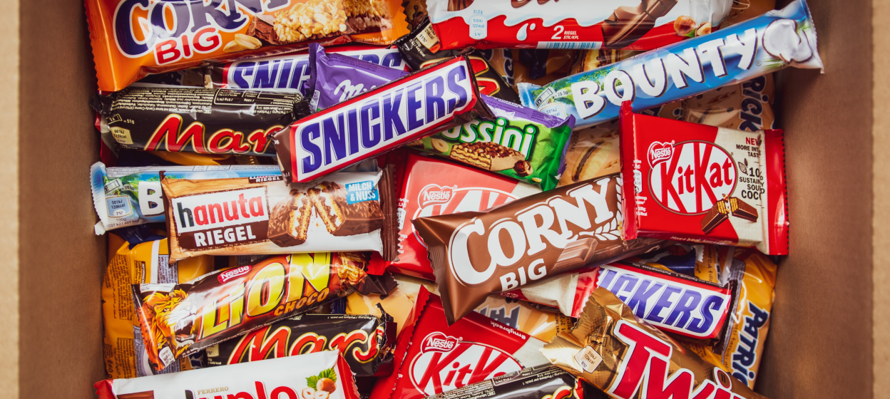 Box of various chocolate bar brands